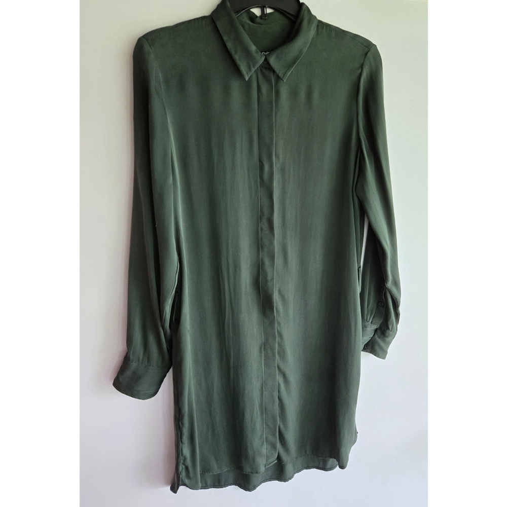 Quince Silk Long Sleeve Button Down Shirt Dress, Size M, Army Green